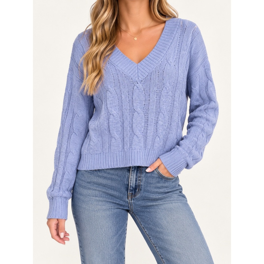 Pink Republic Blue Cable Knit Cropped V-Neck Sweater Small Pastel Preppy Boho